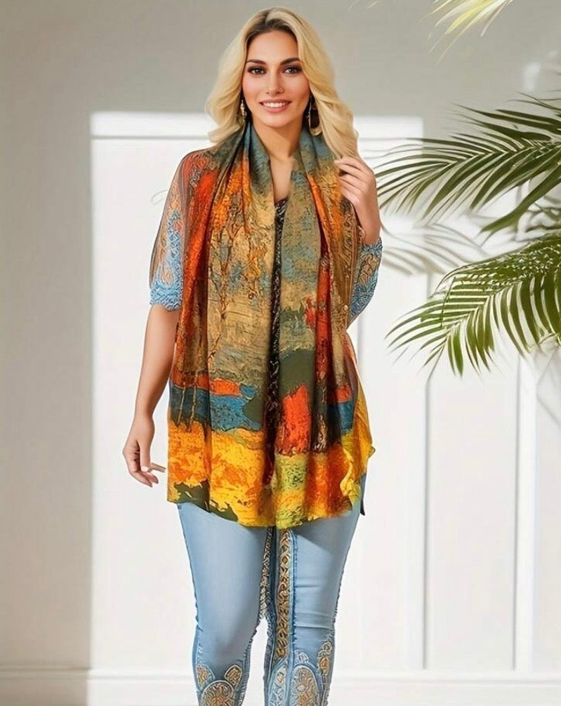 Foulard en fausse soie imprimée orange et motif de forêt