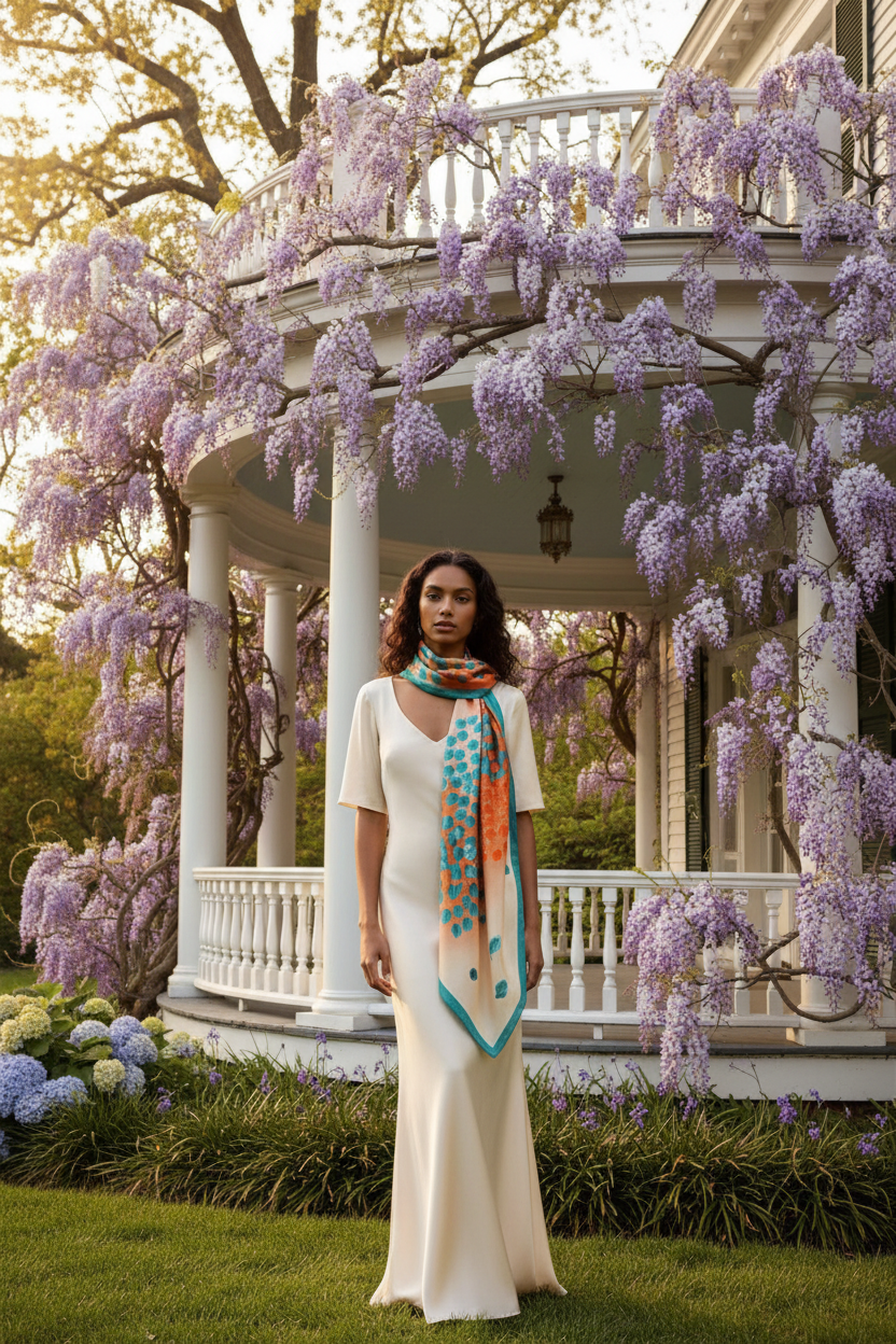 Foulard arbre fleurs manoir