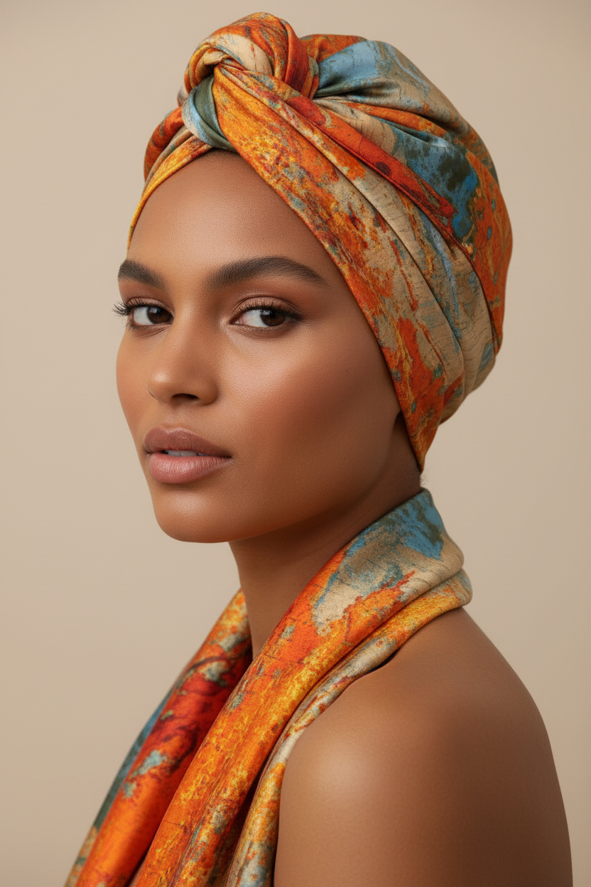 Foulard orange forêt sur la tête