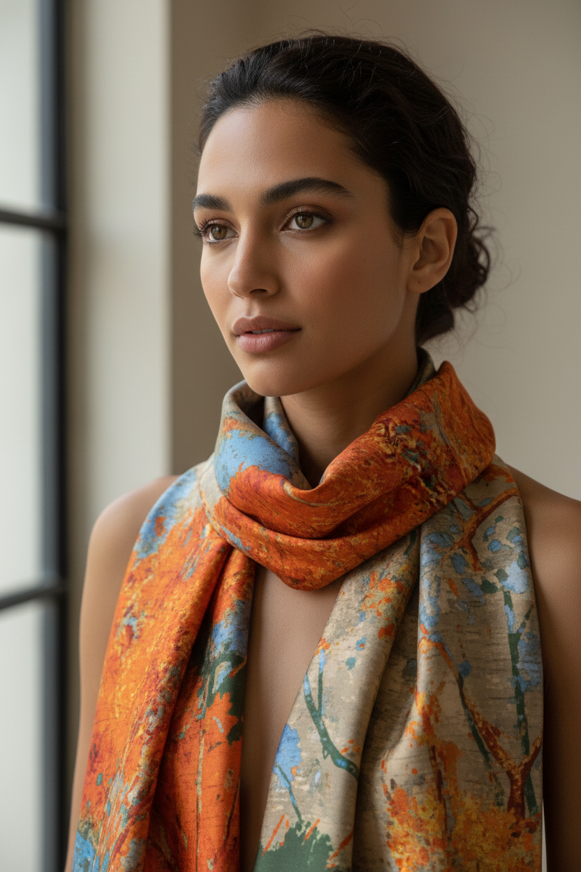 Foulard orange forêt sur le cou