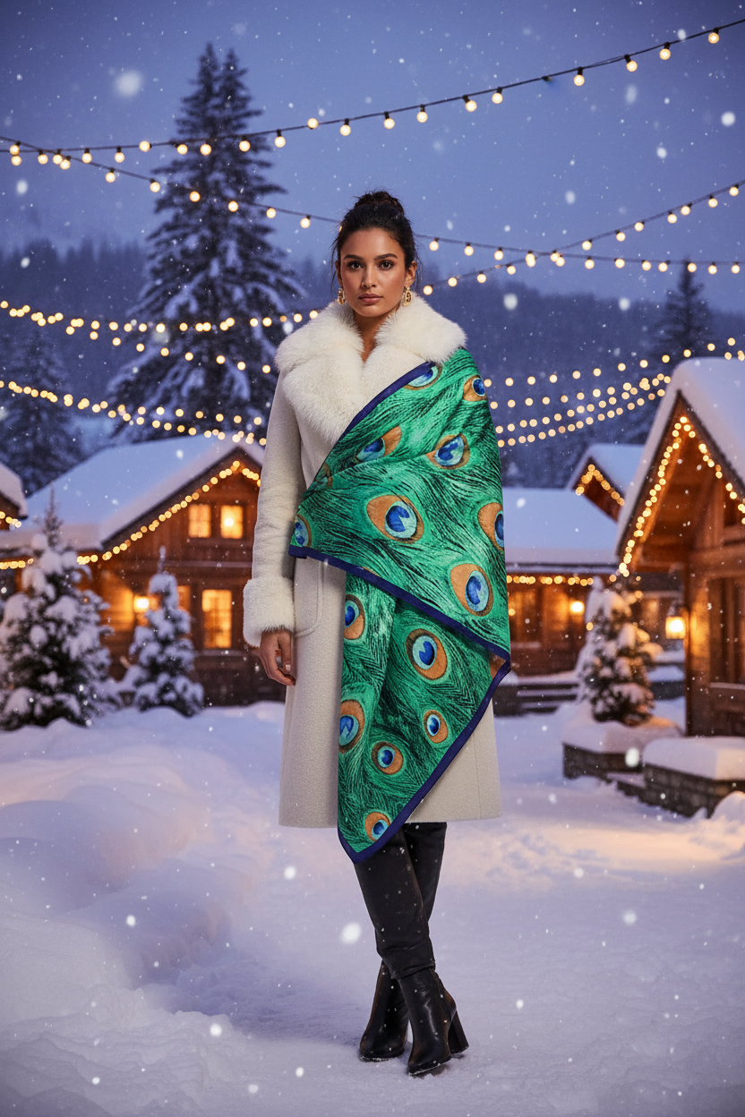 Foulard paon village alpin hivernal