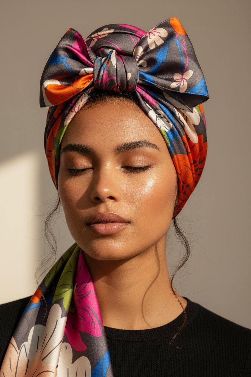 Foulard soie florale sur la tête