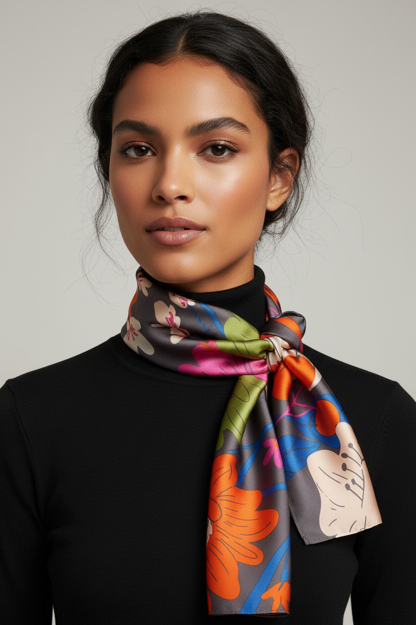 Foulard soie florale sur le cou