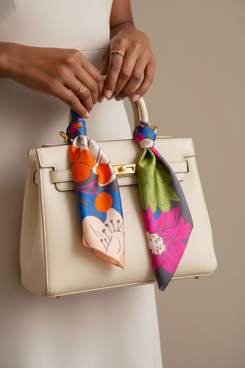 Foulard soie florale sur le sac