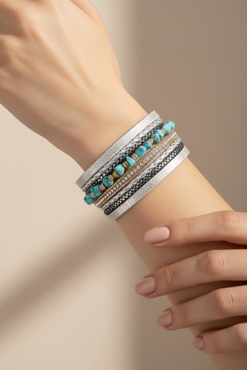Mannequin avec bracelet cuir pierres naturelles